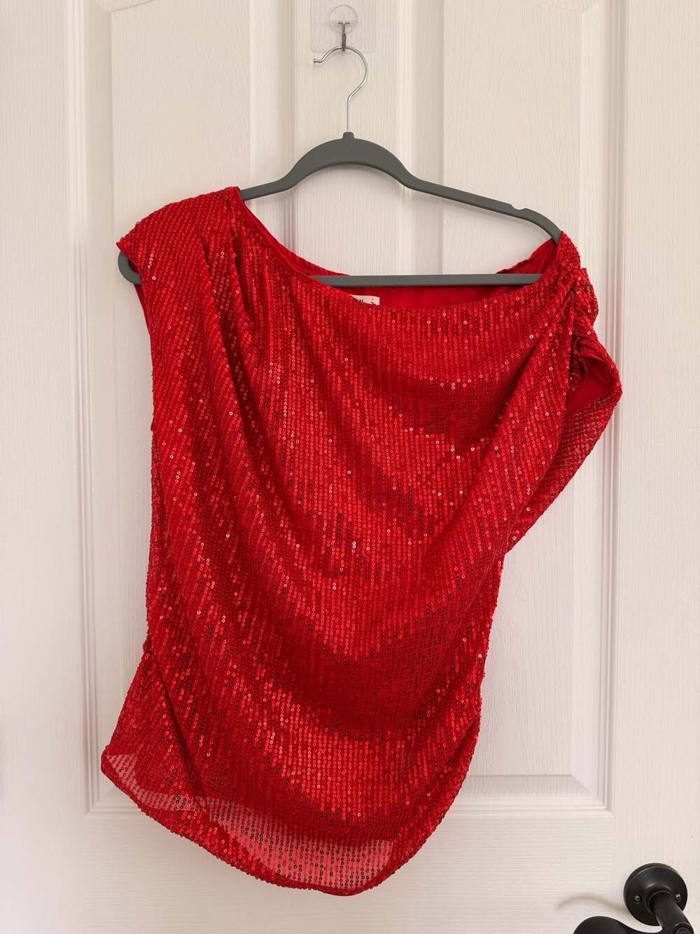 Grace Karin Red Sequin One Shoulder Cowl Neck Top Size M